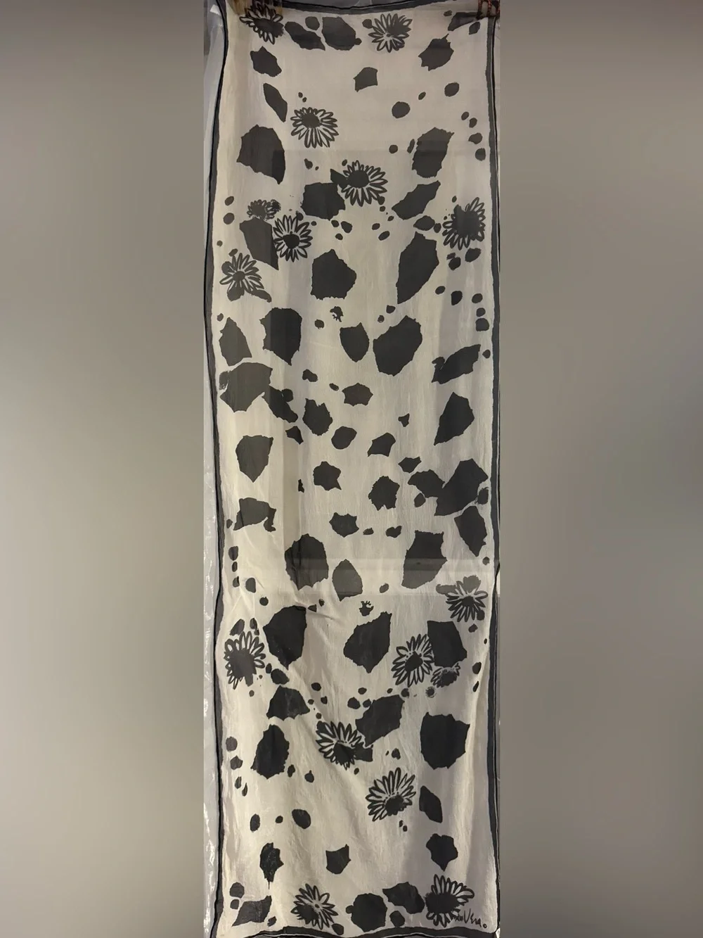 Vintage Vera Neumann Sheer Oblong Scarf With Flowers & Black Dots